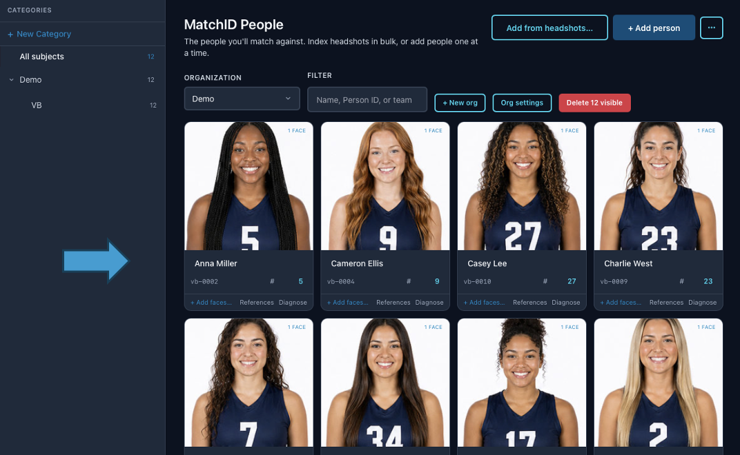 Indexed headshots grid in MatchID People