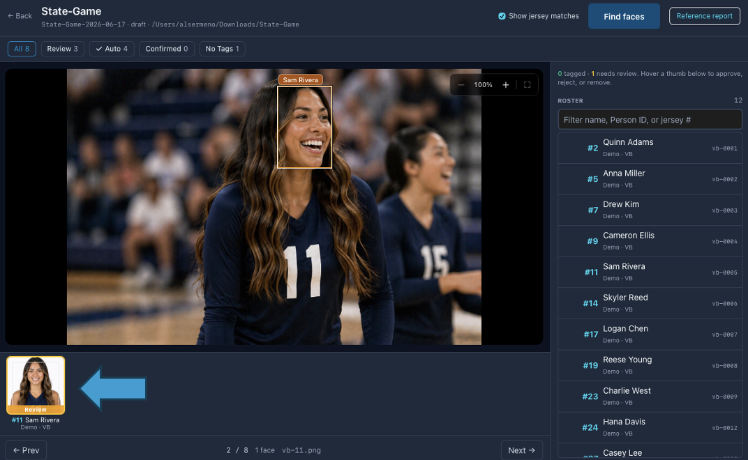 Review window with a boxed face and the roster panel