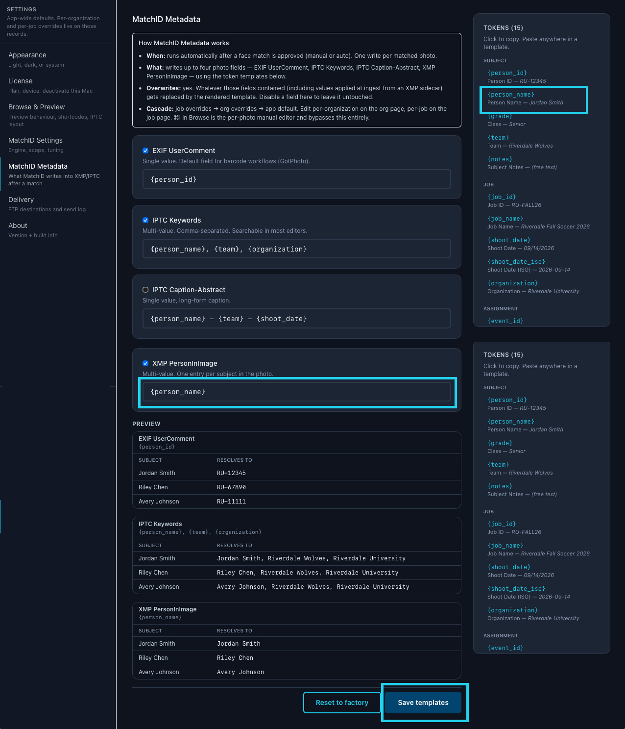 MatchID Metadata settings with field toggles and token templates