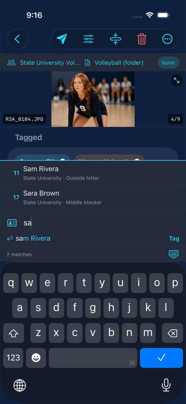 Typing two letters in the CaptionID bar lists Sam Rivera and Sara Brown with numbers and positions