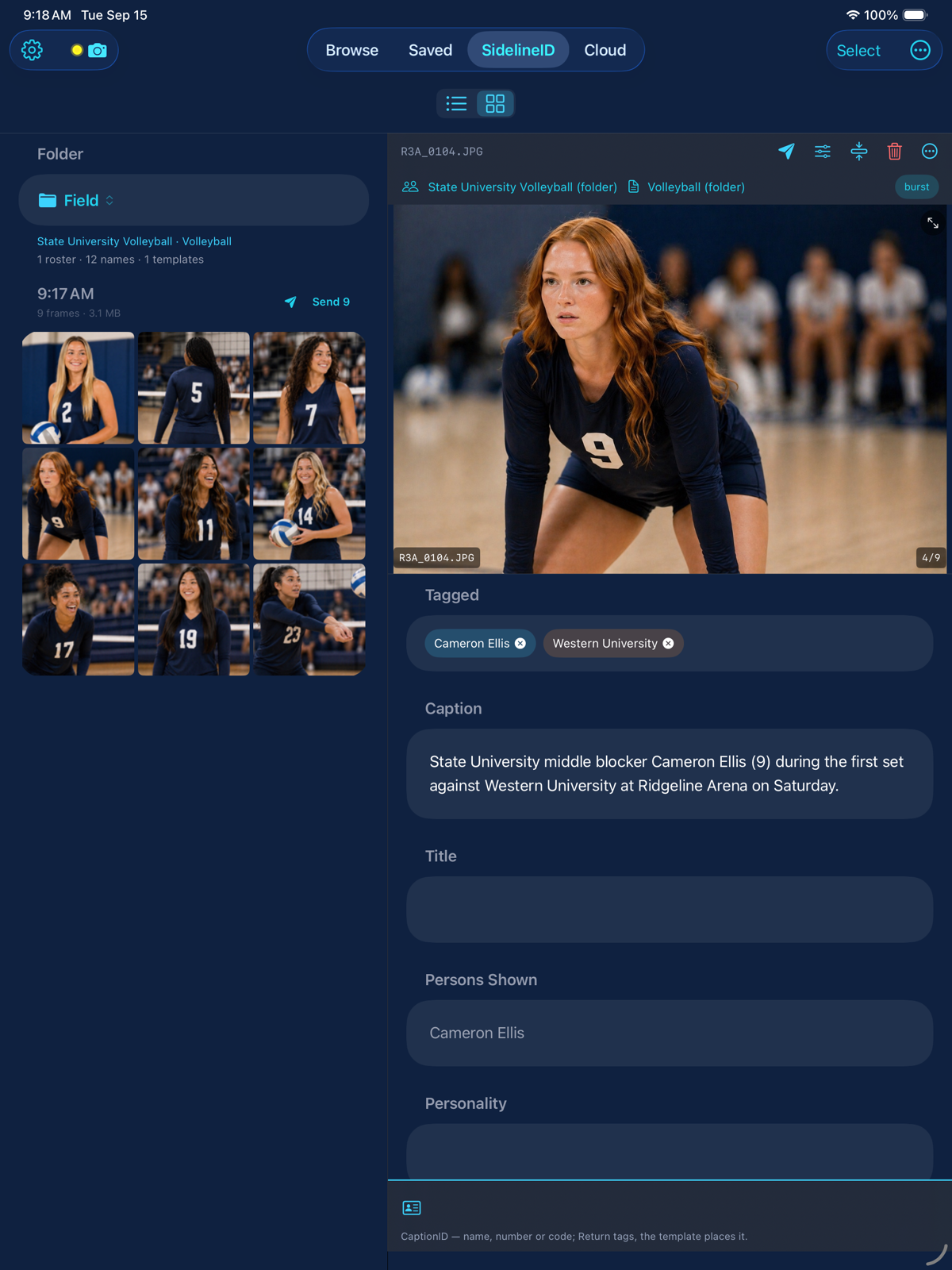 SidelineID on an iPad: the folder grid in a left pane and the tagged frame with its caption on the right