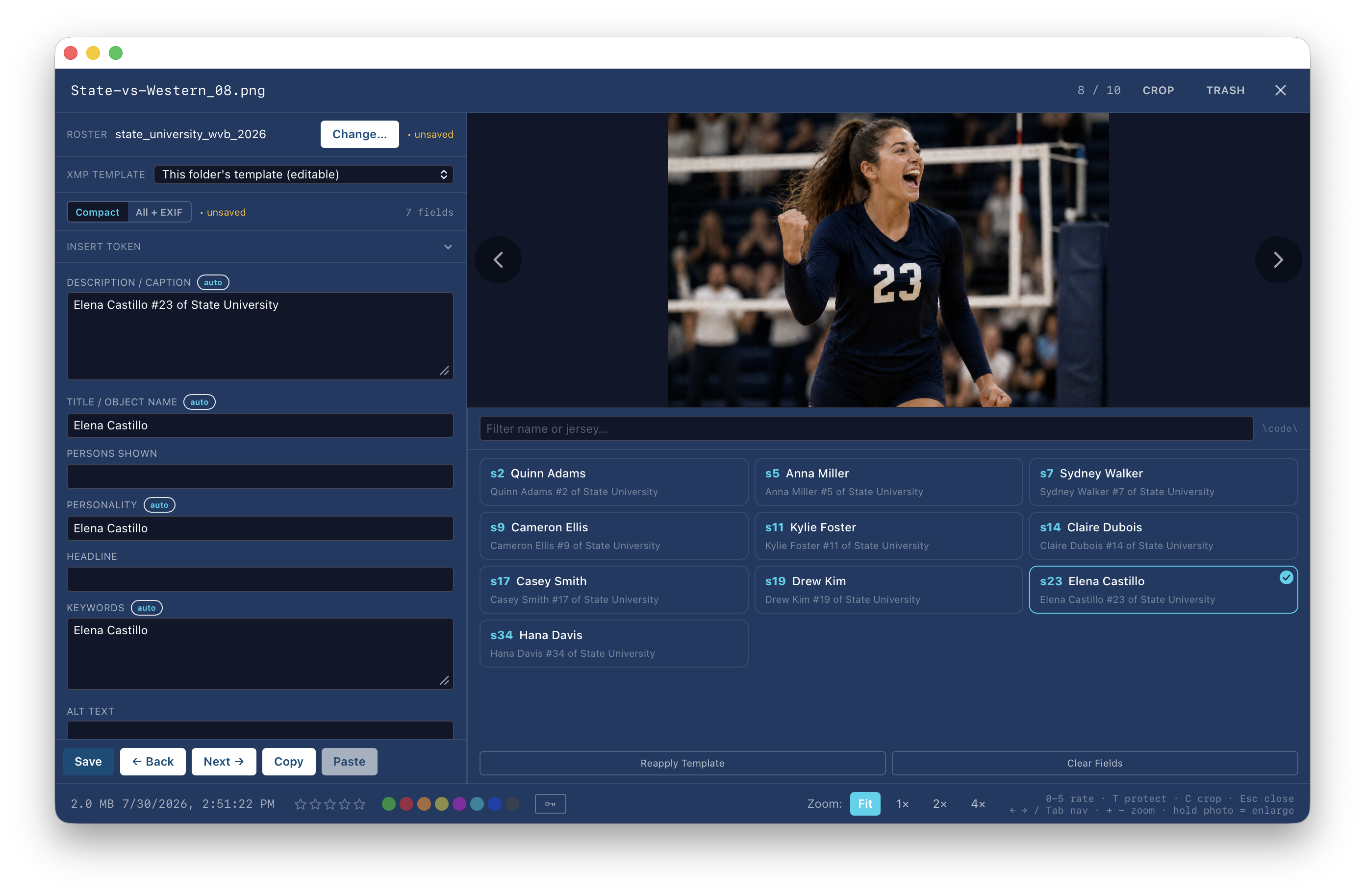 Photo metadata editor with CaptionID roster buttons