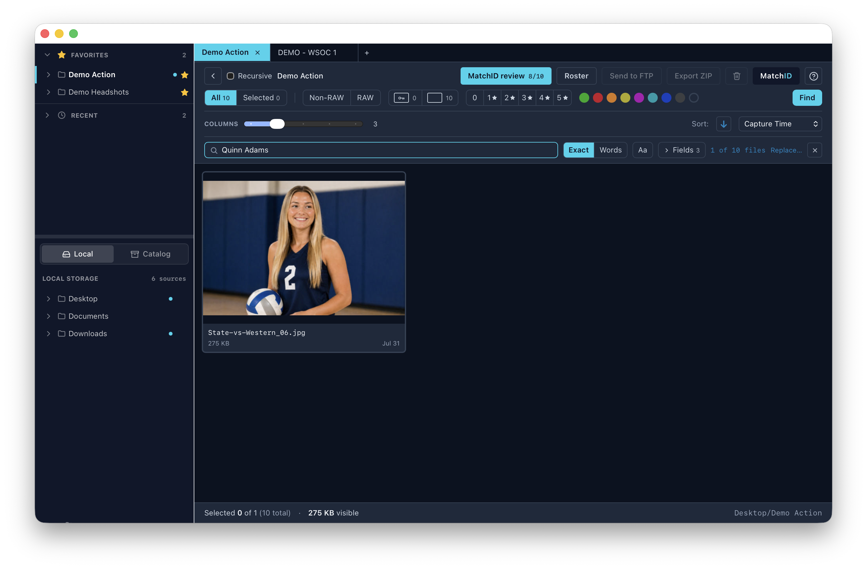 The Find bar narrowing a folder to one athlete