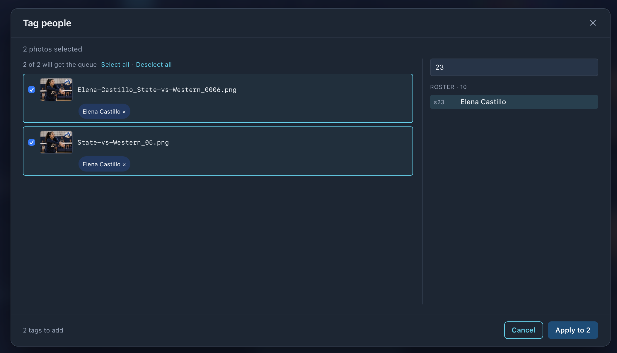 Tag people modal with a person queued onto both photos