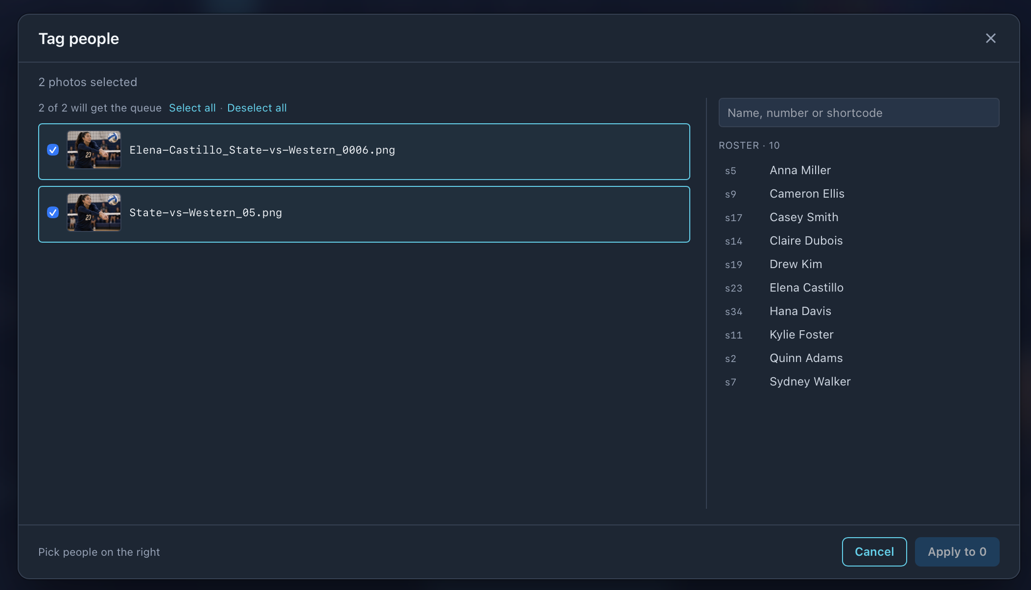 Tag people modal with the roster on the right