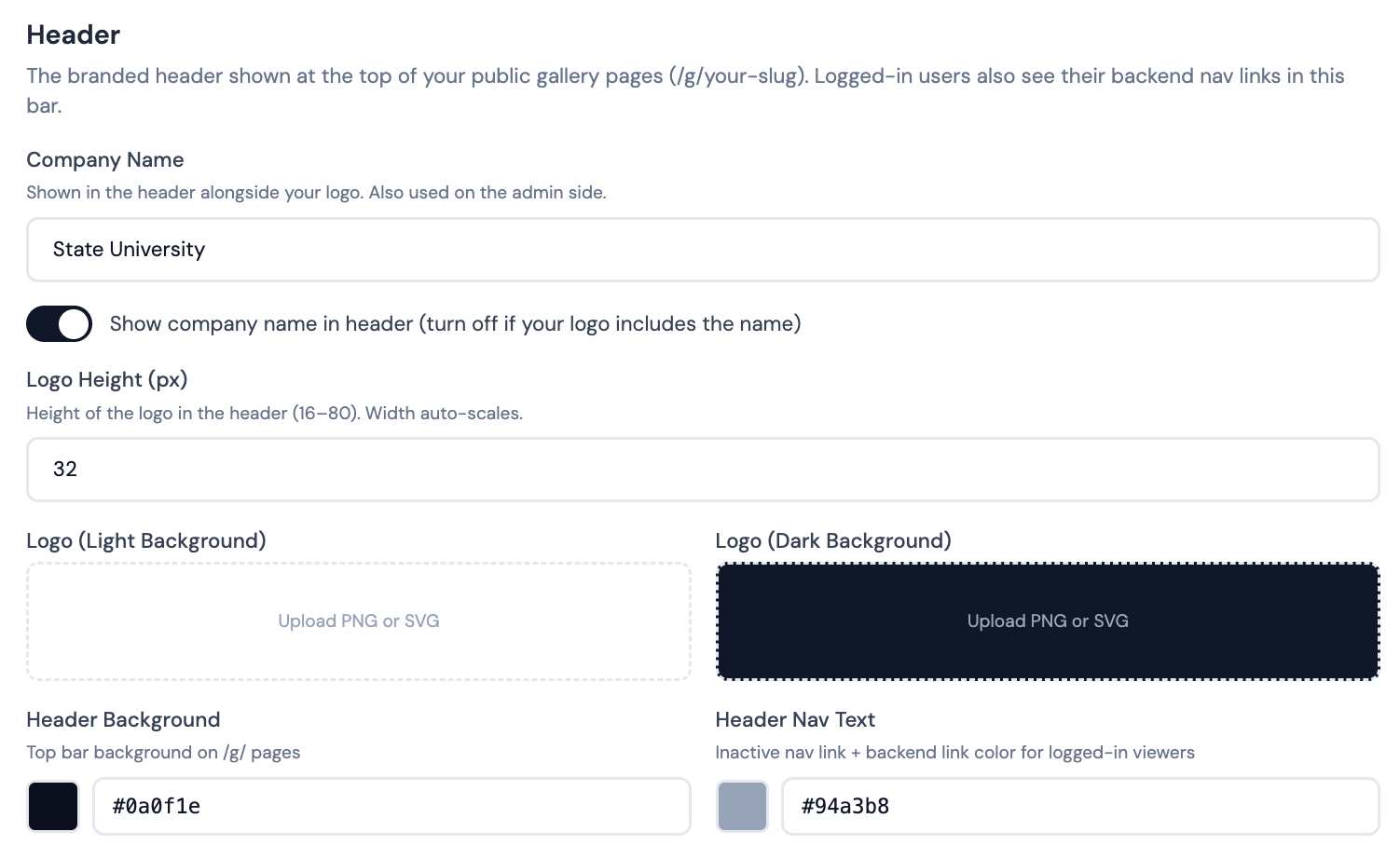 Custom Branding: the Header section of Gallery Pages