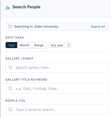Advanced search inside a gallery: filter by person, jersey, date and status