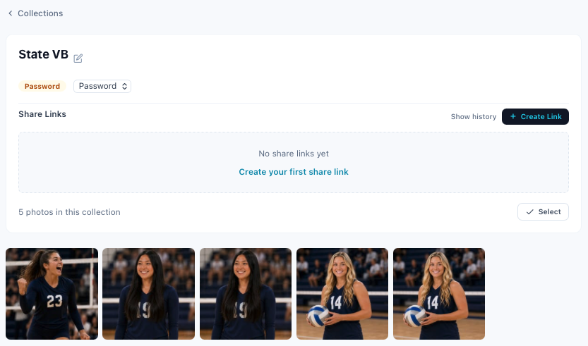 A collection opened: visibility, share links, and its photos