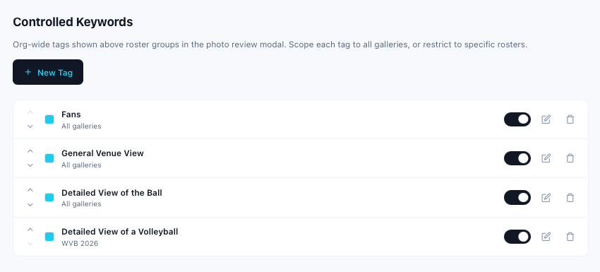 General Tags: each tag with its scope, an on/off switch, and edit and delete