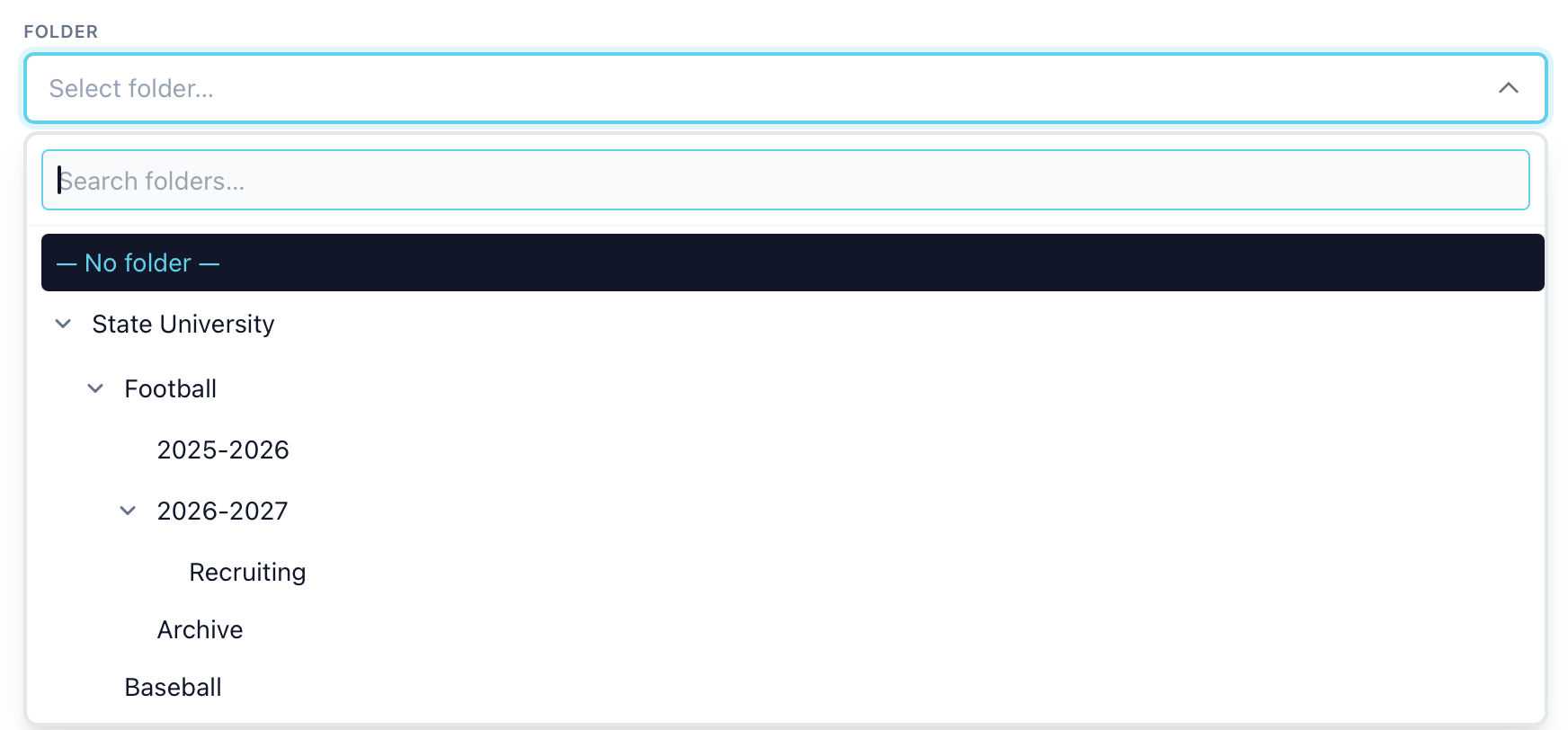 Folder picker open, showing the folder tree with a search box above it