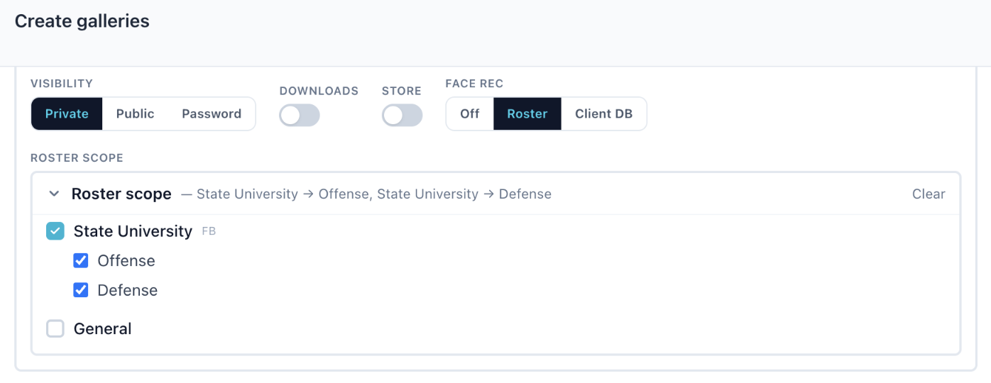 Gallery settings expanded: visibility, downloads, store, face rec and the roster scope card