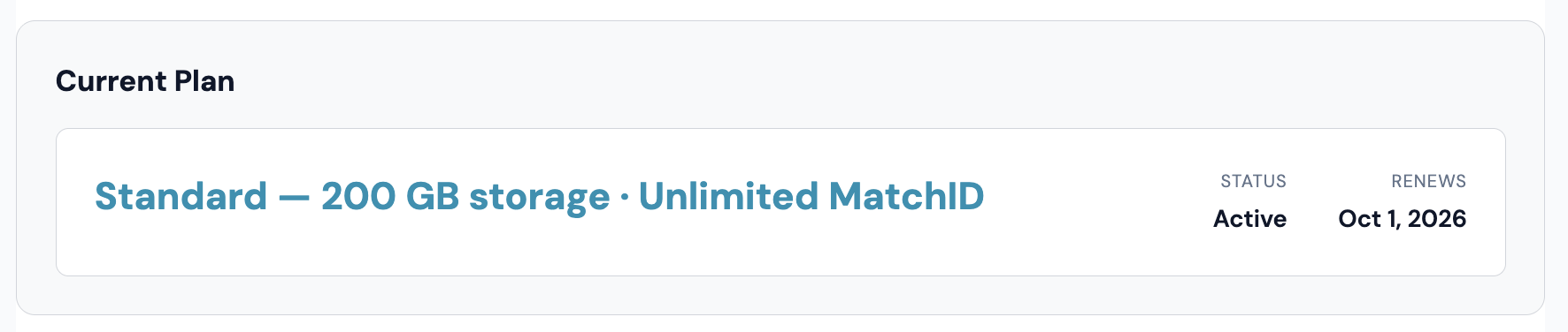 Current Plan: plan name, storage and renewal date