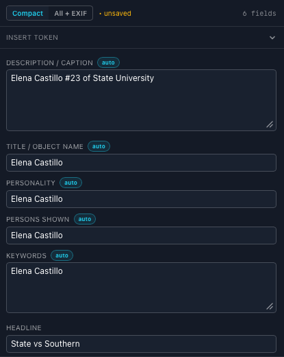 The IPTC panel in GalleryID Desktop with the fields filled