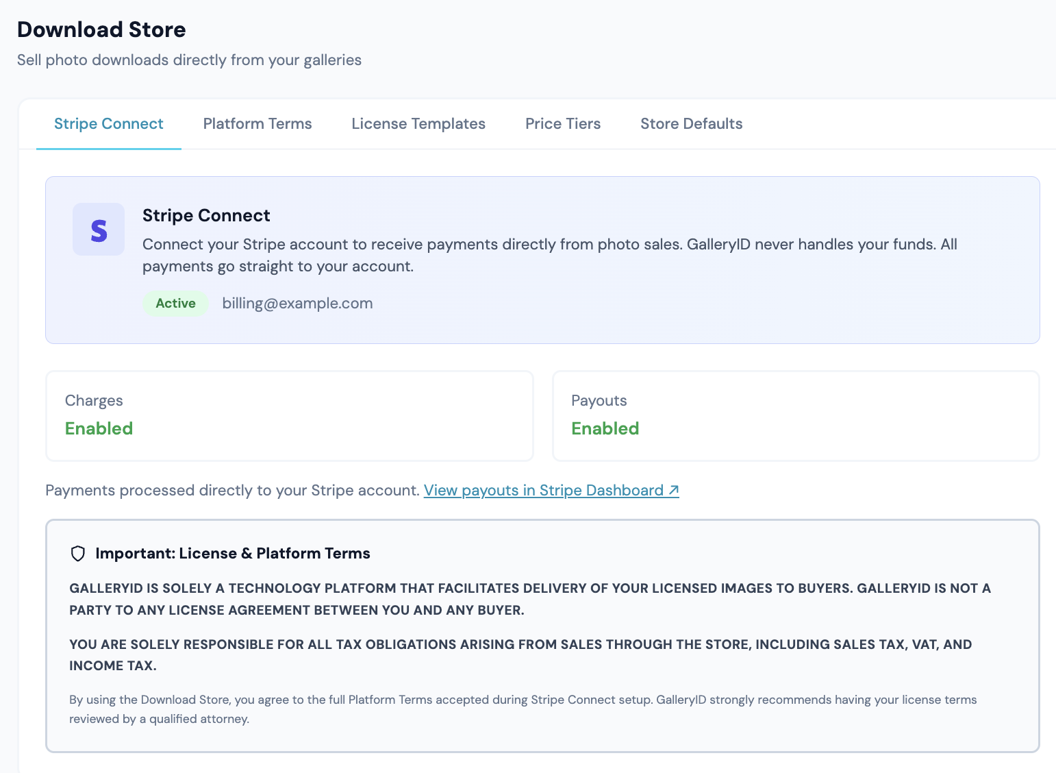 Stripe Connect: Active, with charges and payouts enabled