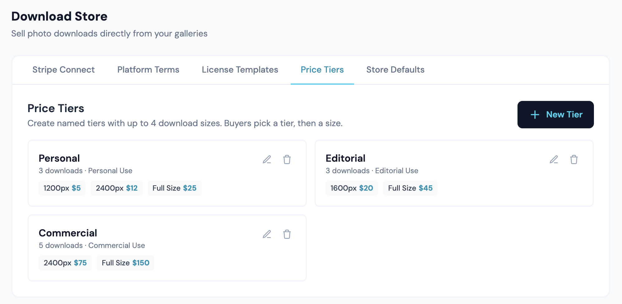 Price Tiers: a name, a license and a price per download size
