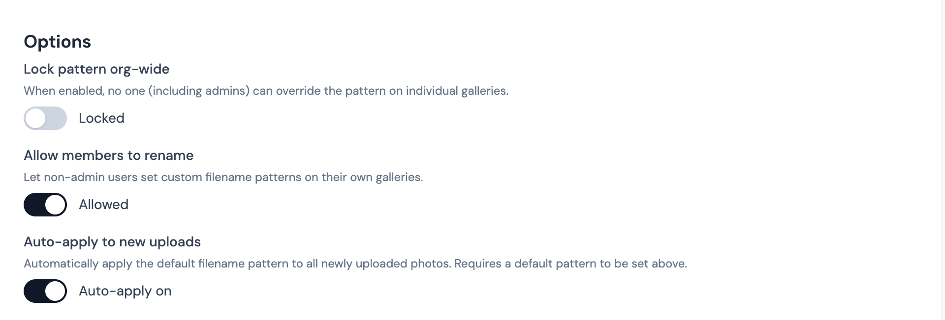 Lock pattern org-wide, allow members to rename, and auto-apply to new uploads