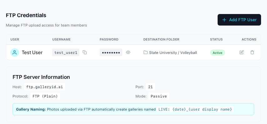 FTP Credentials: one row per login with its destination folder, plus the server details underneath