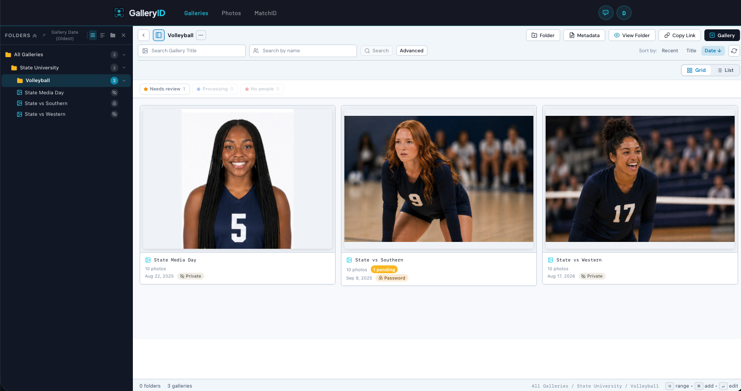 Gallery List: one row per gallery with the Public, Downloads and AthleteID switches