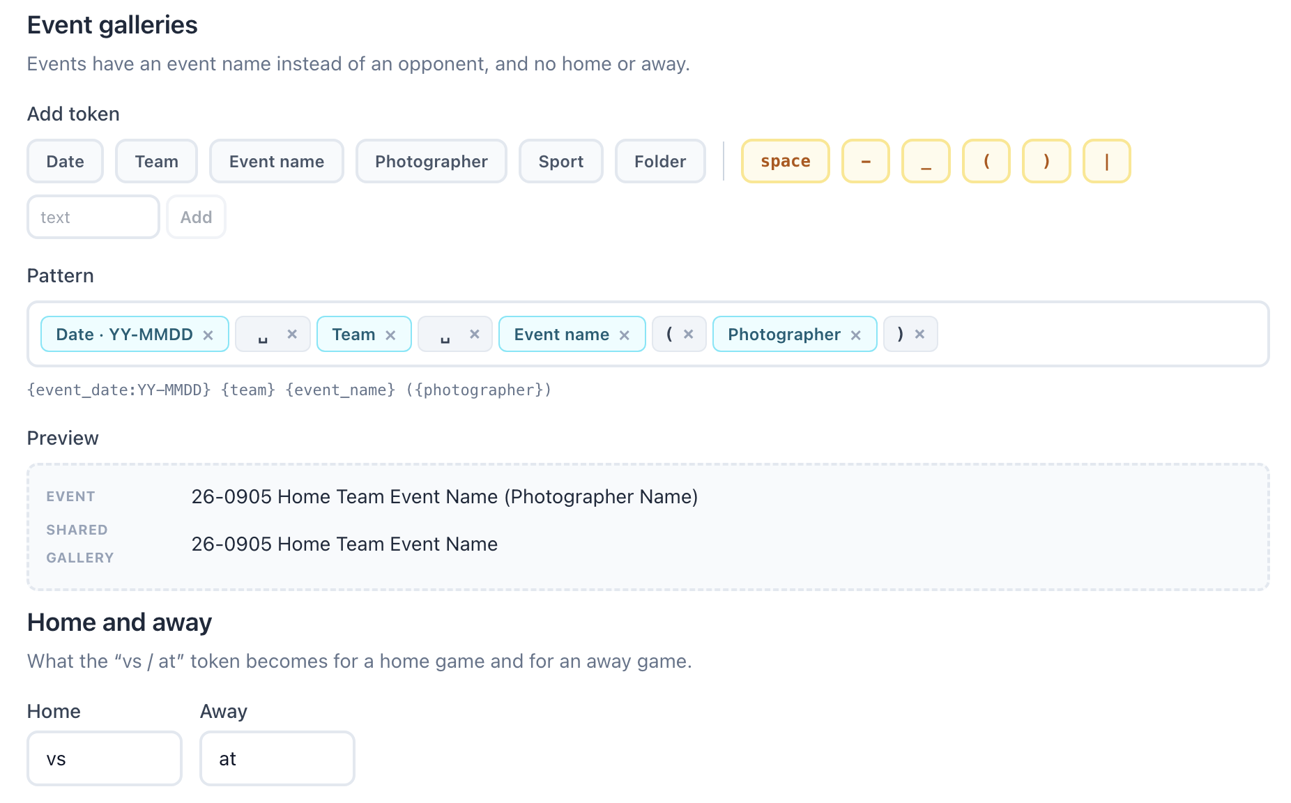 Gallery Naming: the Event galleries template and the Home and away words