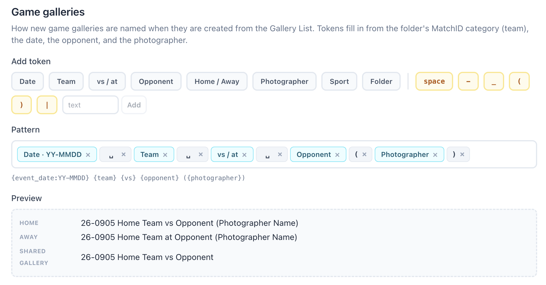 Gallery Naming: the Game galleries template with its token buttons, pattern and preview