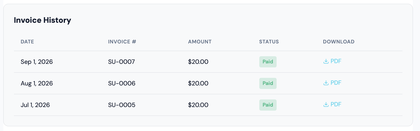 Invoice History with PDF downloads