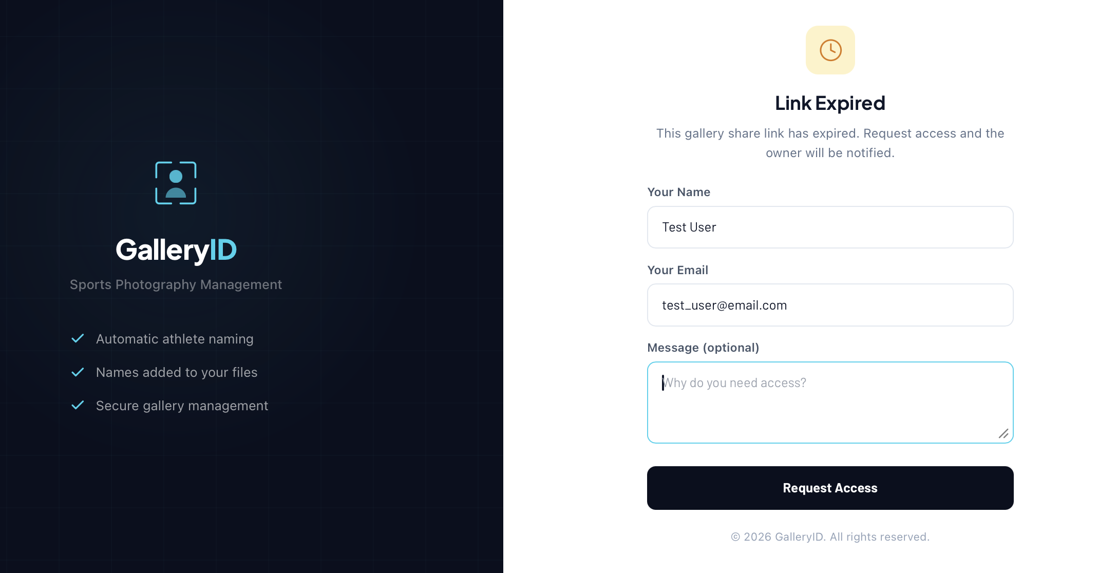 An expired link offers a request form instead of the gallery