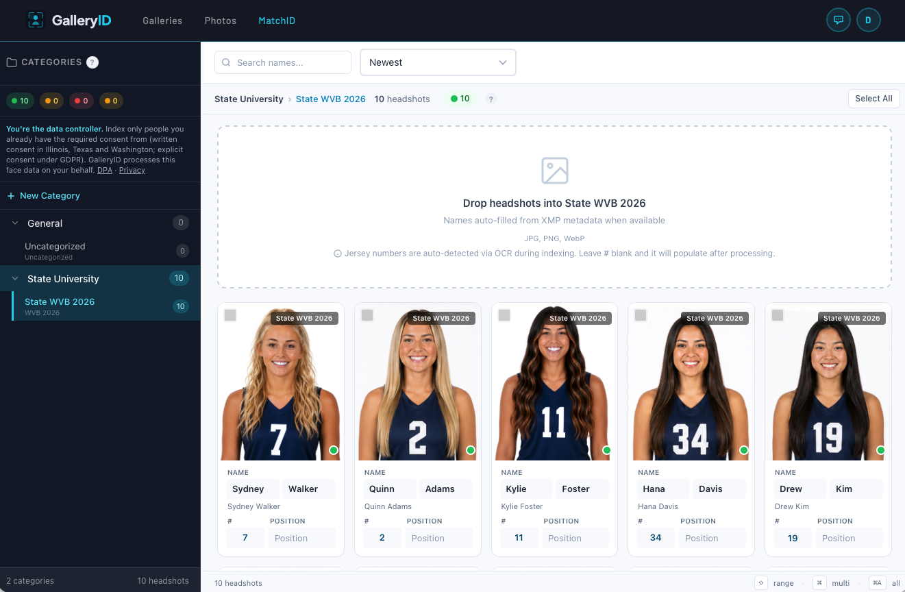 The MatchID page: categories on the left, indexed headshots in the grid
