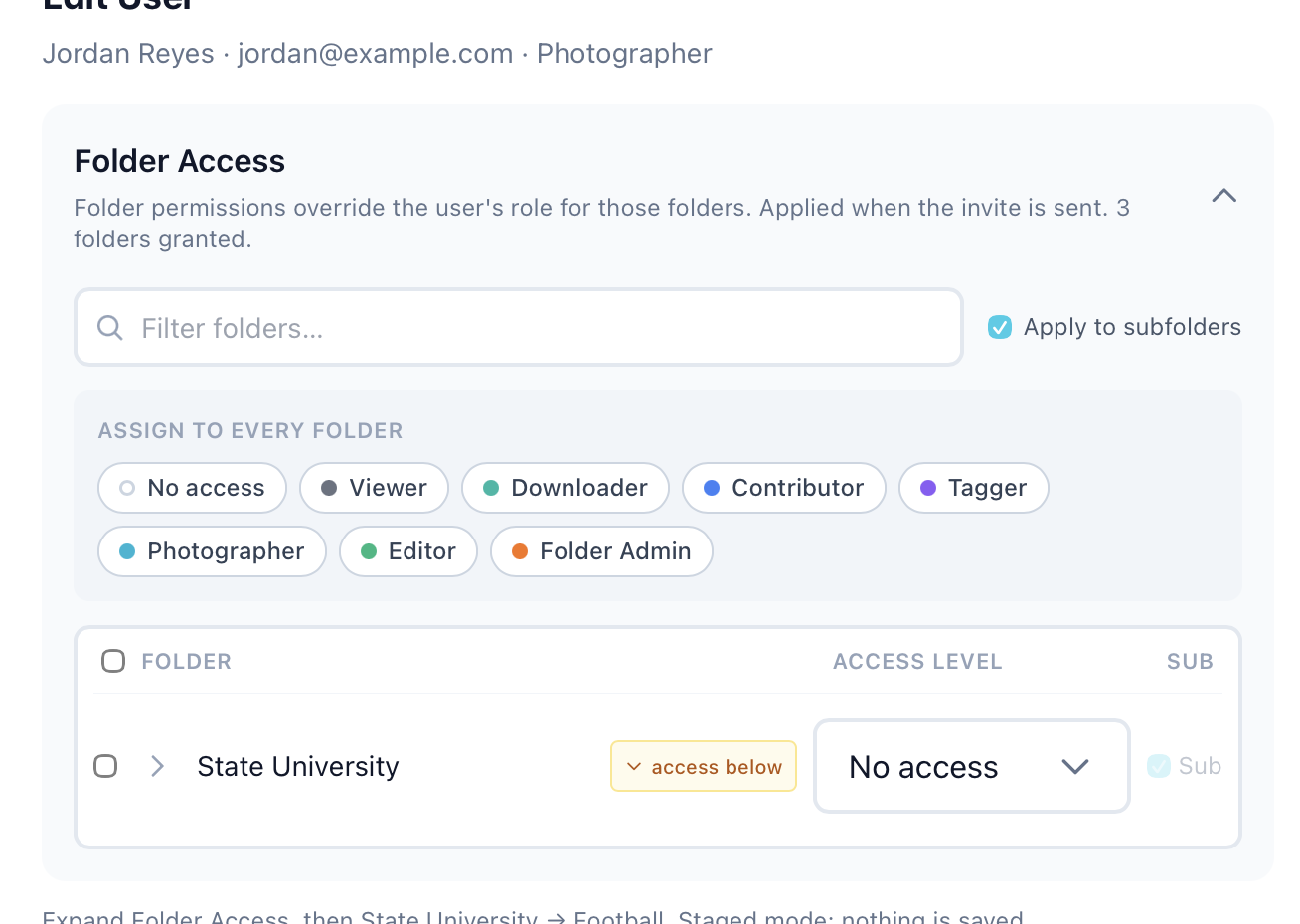 Folder Access in Edit User: the filter box, Apply to subfolders, the Assign to every folder role chips, and a root folder row reading access below with No access and Sub