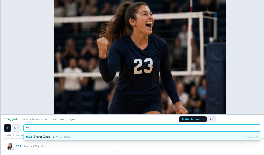 CaptionID: type a shortcode or a name and press Enter to tag from the roster