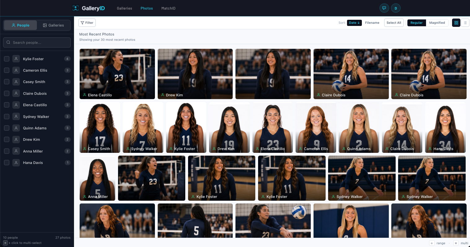 The Photos page: People and Galleries in the sidebar, results across the grid