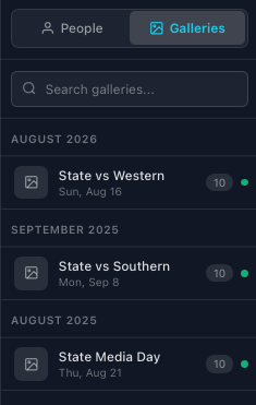 Galleries mode: galleries grouped by month, with photo counts and a status dot
