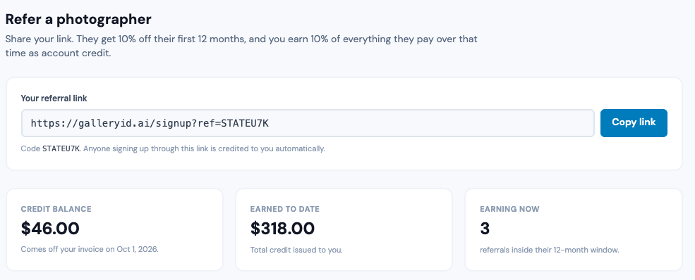 Your link and code, then the balance, what has been earned, and how many referrals are still earning