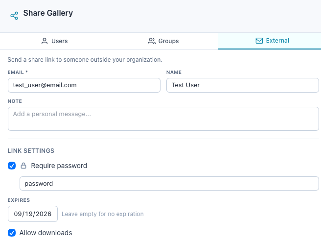 The External tab of Share Gallery with Require password on