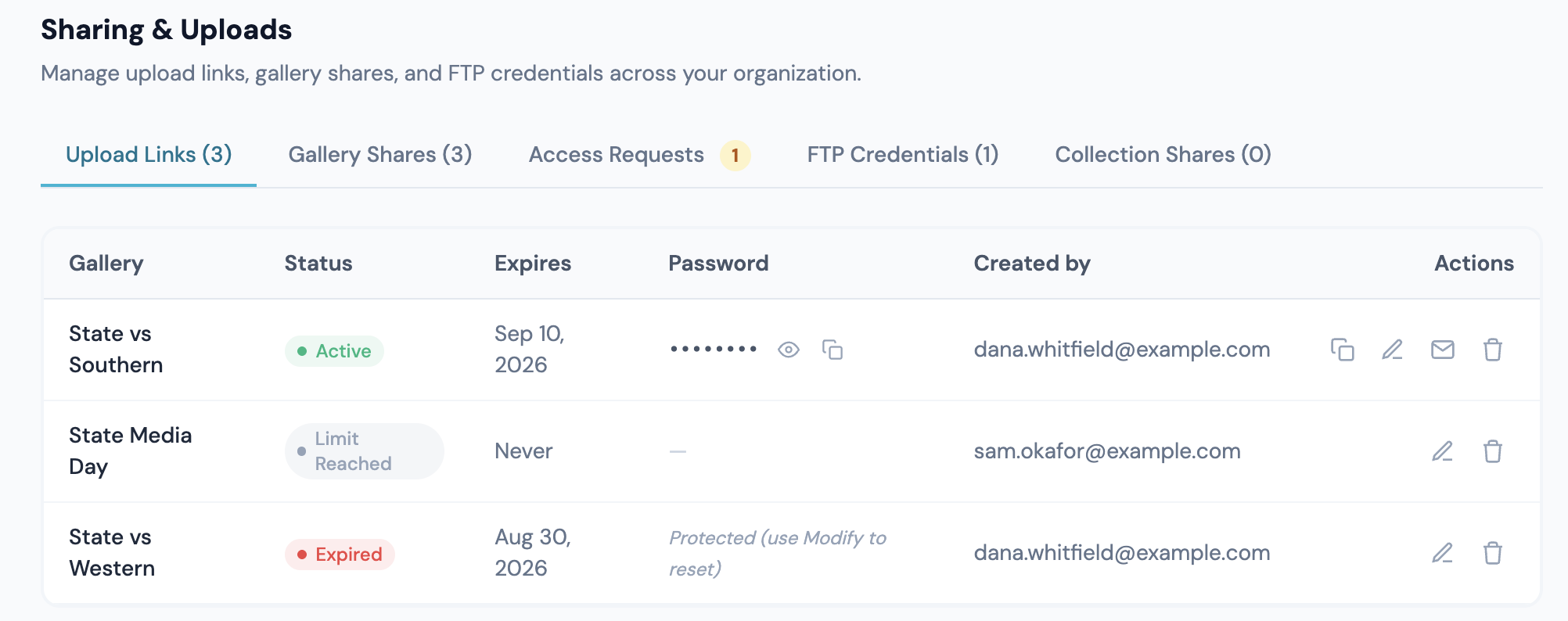 Sharing & Uploads: Upload Links, Gallery Shares, Access Requests and FTP Credentials in one place