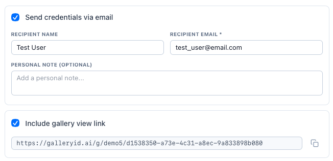 Send the credentials by email with the gallery view link
