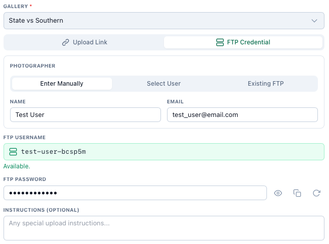The FTP Credential form: photographer, generated username and password