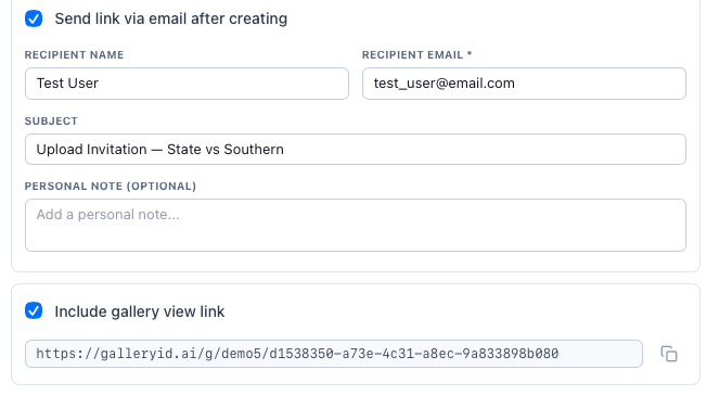 Send the link by email after creating it, with the gallery view link included