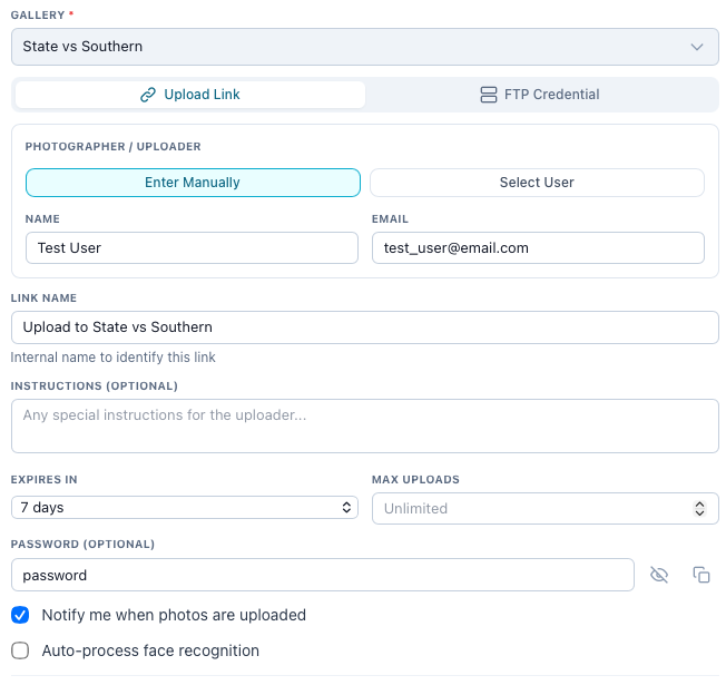 The upload link form: uploader, link name, expiry, max uploads and password