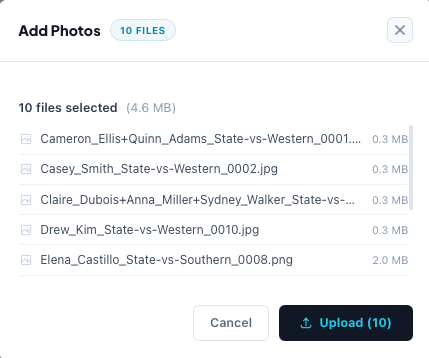 Add Photos before upload: the selected files and their sizes