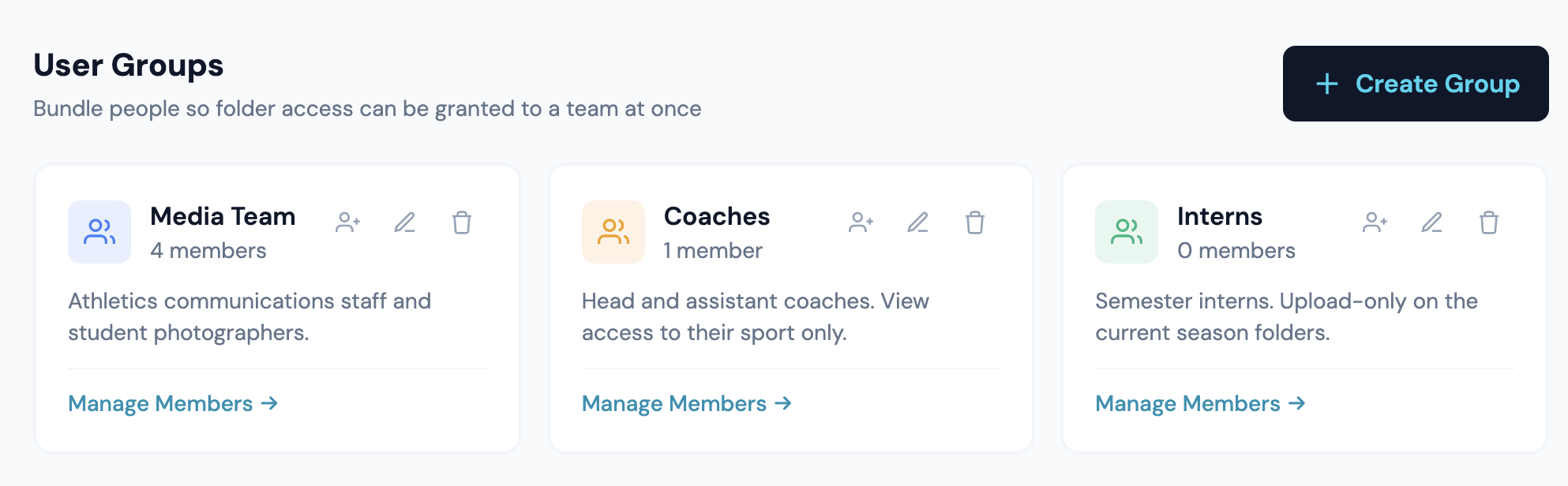 User Groups: each card shows members and opens Manage Members